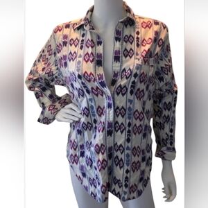 Vintage LizSport Cotton Button-Down Shirt with Purple Geometric Print